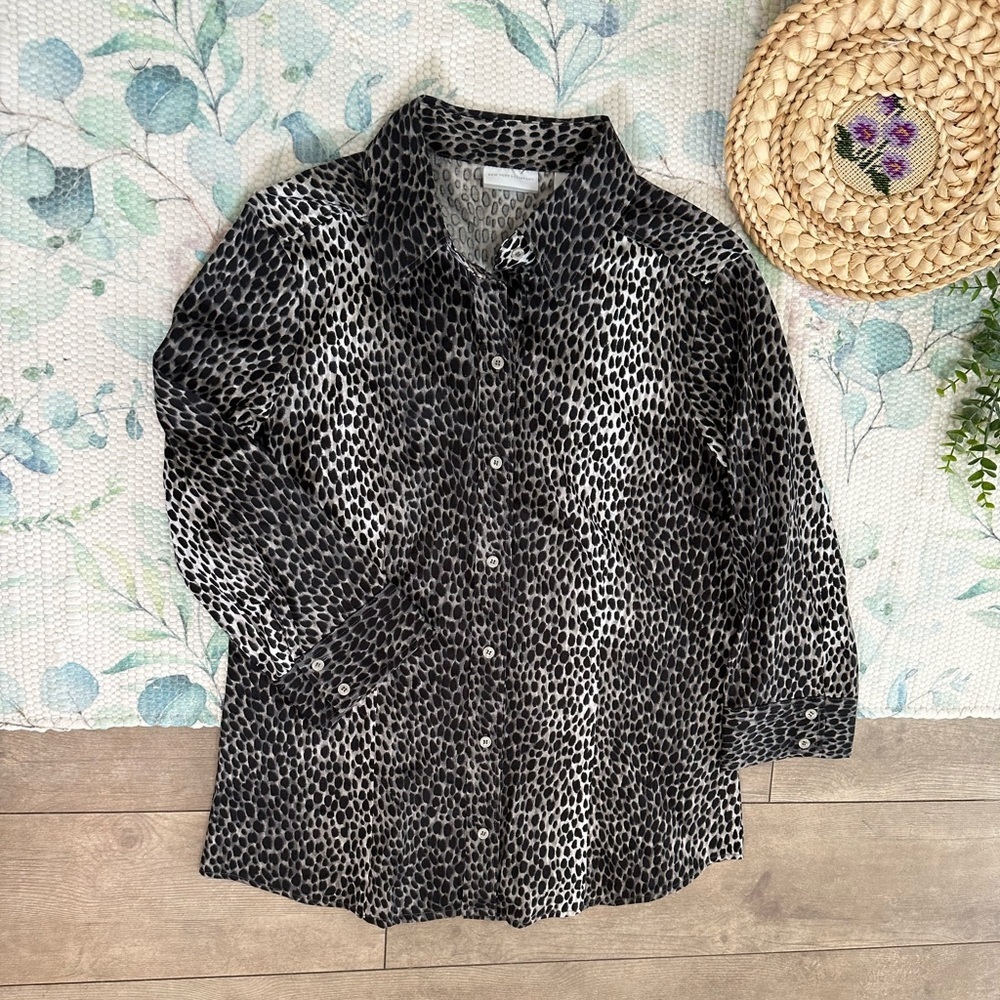 New York & Company Animal Print Button Down Dress Blouse Shirt Size Large, New - Picture 8 of 16